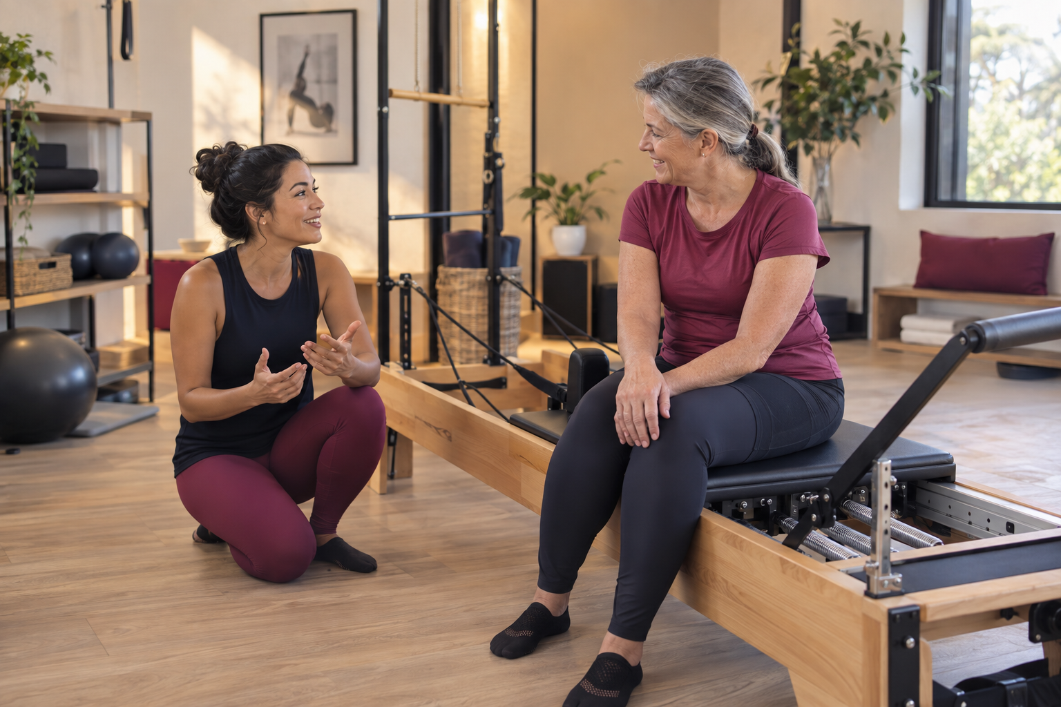 Cena ilustrativa de uma profissional e uma praticante adulta conversando ao lado de um reformer em um estúdio de Pilates